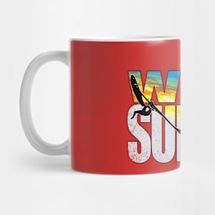 Proud Windsurfer Jumping Sunset Colors over Ocean Waves Mug